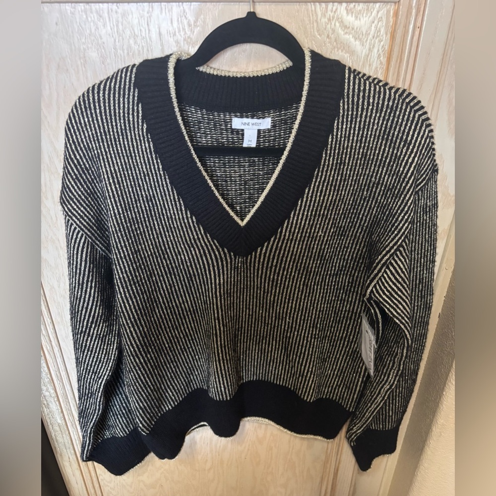 NEW Nine West Metallic Gold Black V Neck Sweater‎ Striped Sparkle Shimmer Medium